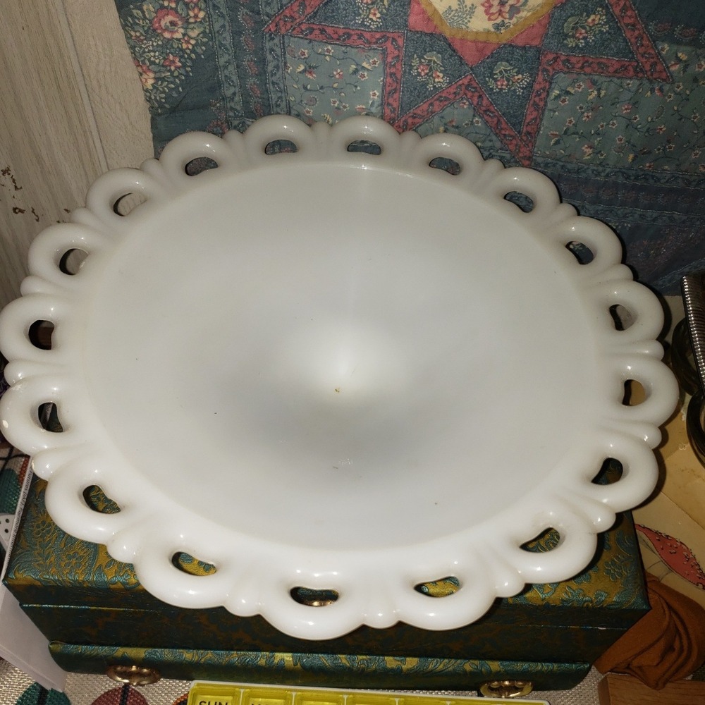 Vintage Milk Glass Pedestal Lace Edge Open Work Compote White Bowl